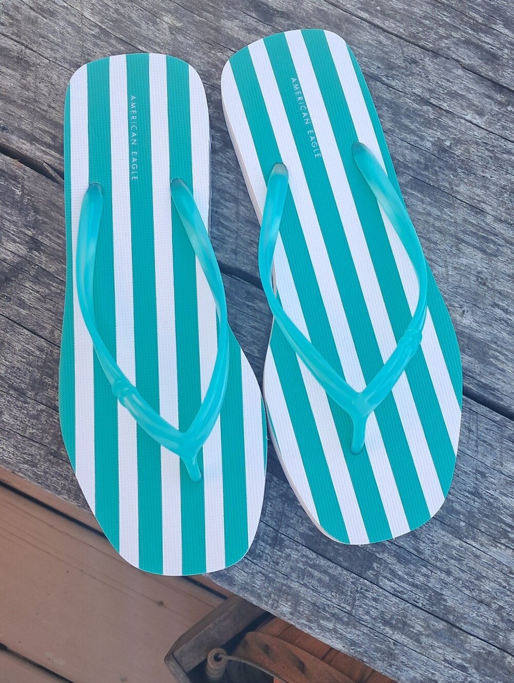 American Eagle Outfitters Teal & White Striped Flip-Flop Sandals